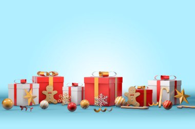 Mavi arkaplanda fotokopi alanı olan Noel hediyeleri