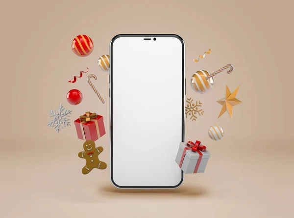 Tasarımınız Için Boş Ekranlı Akıllı Telefon Etrafınızda Hediyeler Noel Süsleri — Stok fotoğraf