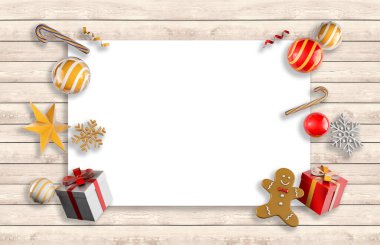 Noel hediyeleri ve ahşap arka planda beyaz çerçeveli dekorasyonlar.