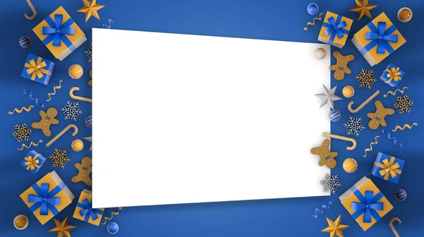 Christmas Gifts Decorations White Frame Blue Background — Stock Photo, Image