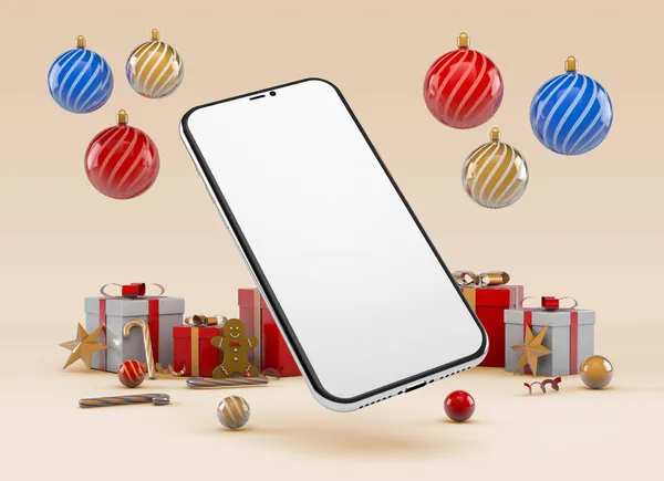 Teléfono Inteligente Con Pantalla Blanco Para Diseño Con Regalos Adornos —  Fotos de Stock