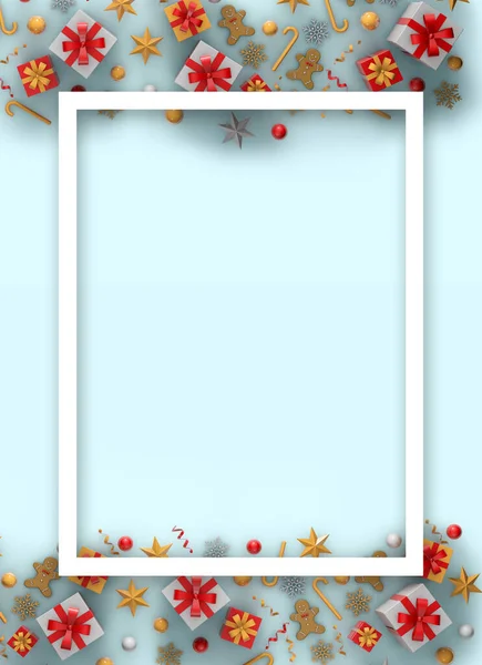 Verticale Afbeelding Van Een Kaart Met Geschenken Kerstversieringen Bovenaanzicht — Stockfoto