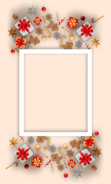 Imagen Vertical Una Tarjeta Con Regalos Decoraciones Navideñas Vista Superior —  Fotos de Stock