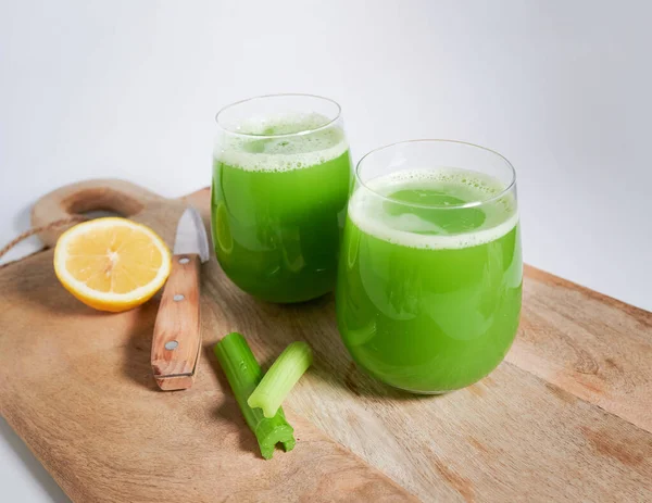 Two Glasses Celery Smoothie Wooden Board — Stock Photo, Image