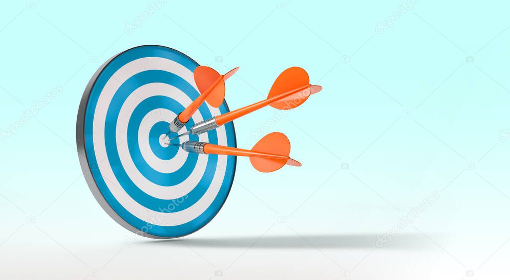 Bullseye with darts stuck in the center. Concept of achieving goals