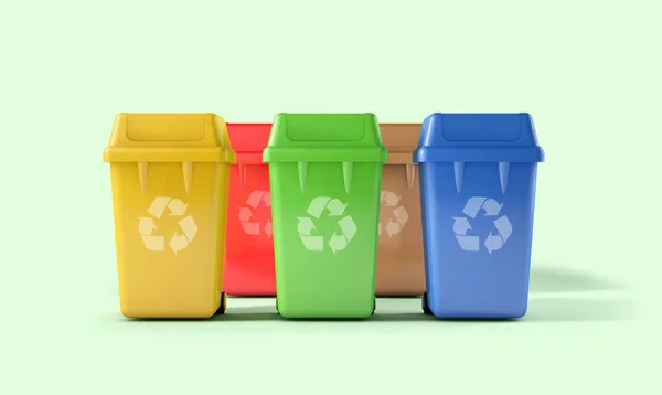Plastikowe Pojemniki Śmieci Różnego Rodzaju Oddzielenie Odpadów Recyklingu — Zdjęcie stockowe
