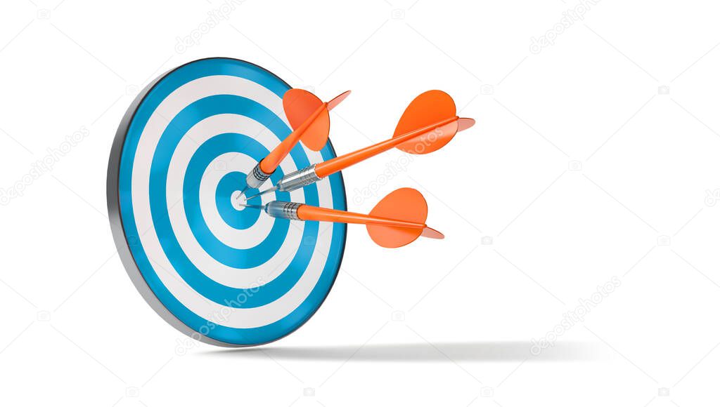 Orange dart arrow hitting in the target center of dartboard business success ideas concept