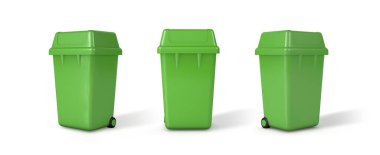 Farklı görünümlerde plastik çöp konteyneri, arkaplandan izole