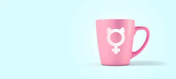 Taza Rosa Aislada Fondo Azul Con Signo Mujer Espacio Copia —  Fotos de Stock