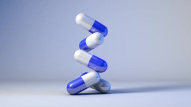 Mavi arkaplan üzerine düşen ilaç kapsülleri, dönen animasyon