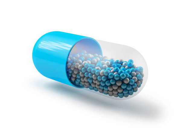 Голубая капсула, таблетка и лекарство изолированы от фона. 3d-рендеринг