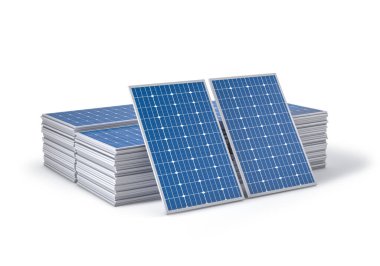 Güneş panelleri, üst üste dizilmiş beyaz arkaplan 3d görüntüleme