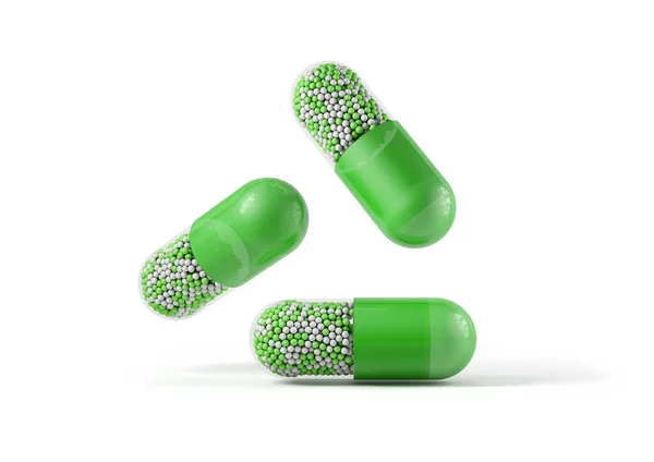 Cápsulas Medicamentosas Verdes Aisladas Del Fondo —  Fotos de Stock