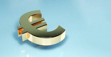 Mavi arkaplanda kopya alanı olan altın euro işareti