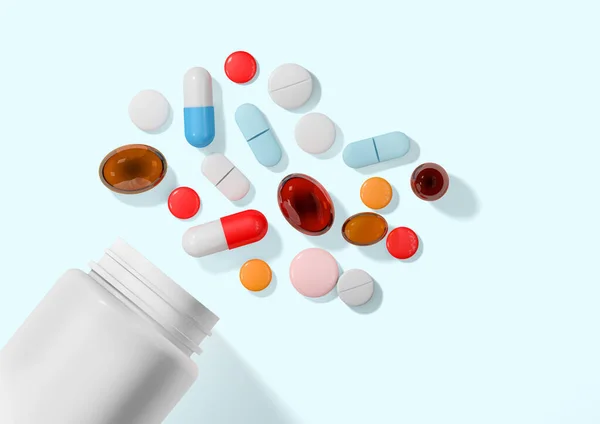 Tabletta Palack Gyógyszer Kapszula Asztalon Felülnézetből — Stock Fotó