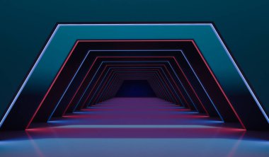 Mavi ve kırmızı ışıklı soyut geometrik arkaplan, altıgen koridor