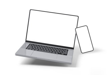 Giyilebilir cihaz ve boş ekran uçuşlu akıllı telefon, beyaz arkaplanda izole edilmiş