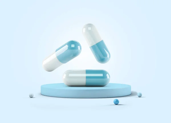 Medicine Capsules Pedestal Blue Background — Stock Photo, Image