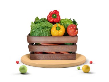 Arka planda taze sebzelerle izole edilmiş ahşap kutu.