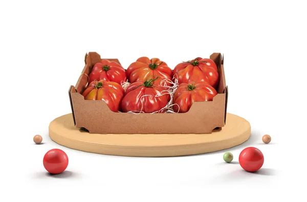 Tomates Frescos Tábua Madeira Isolada Fundo Com Esferas Redor — Fotografia de Stock