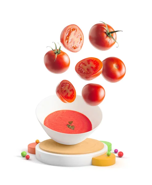 Fresh Tomatoes Falling Container Tomato Cream Isolated Background Geometric Shapes — Photo