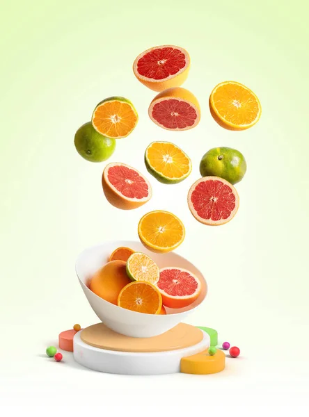 Fresh Citrus Fruits Falling Bowl Isolated Background Geometric Shapes — Stok fotoğraf