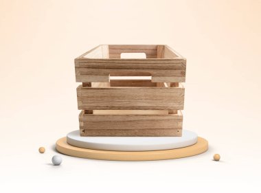 Podyumda boş tahta kutu.