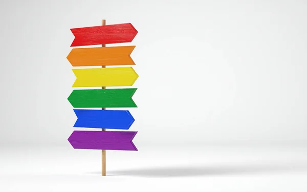Wooden Crossroads Signpost Lgbt Rainbow Flag Colors Copy Space — Stok fotoğraf