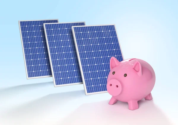 Painéis Solares Com Mealheiro Isolado Fundo Conceito Economia Energia — Fotografia de Stock