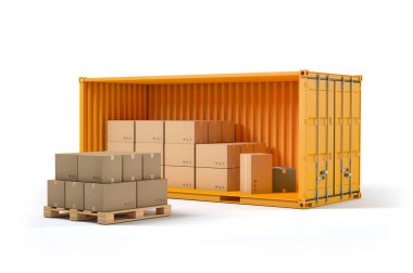 Open cargo container with pallet and cardboard boxes for shipping