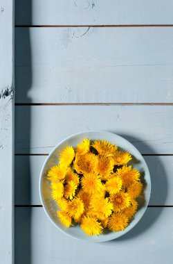 Açık mavi ahşap masadaki sarı karahindiba manzaralı..
