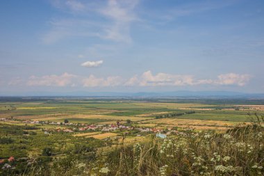 Dağların eteğinde küçük bir kasaba. Dağlar arasında bir vadide köy. Yazın dağdan vadiye manzara. Kırsal alan. Evlerin kırmızı çatıları. Carpathian, Ukrayna, Avrupa