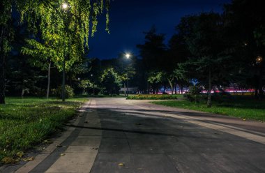 Sonbaharda fenerlerle dolu gece parkındaki sarp yol. Sonbahar sezonu boyunca parktaki banklar. Geceleri fenerlerle dolu bir parkın aydınlanması. Park Kyoto