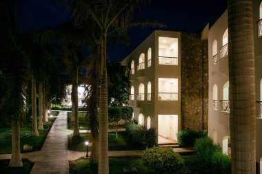 Arap tarzı. Geceleri Mısır Oteli 'nin avlusunun manzarası. Geceleri binanın arka planında yeşil palmiye yaprakları