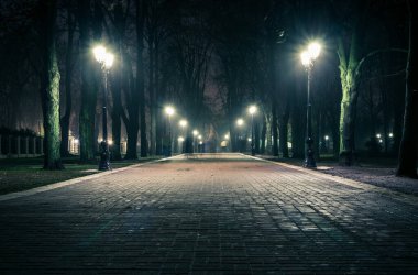 The alley of a night early winter park in a light fog. Footpath in a fabulous late autumn city park at night with benches and latterns. Beautiful cold evening in Mariinsky Park. Kyiv, Ukraine.