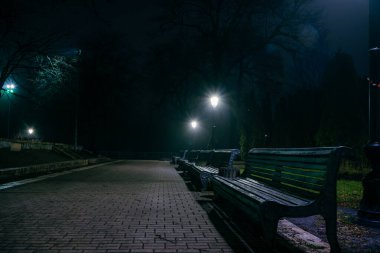The alley of a night early winter park in a light fog. Footpath in a fabulous late autumn city park at night with benches and latterns. Beautiful cold evening in Mariinsky Park. Kyiv, Ukraine.