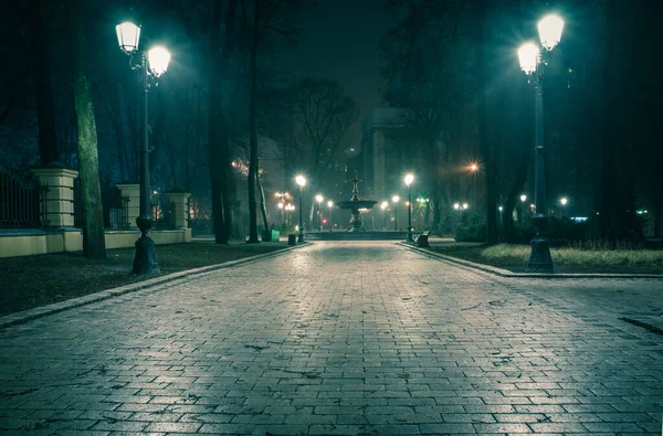 The fountain and alley of a night early winter park in a light fog. Footpath in a fabulous late autumn city park at night with benches and latterns. Beautiful evening in Mariinsky Park. Kyiv, Ukraine.
