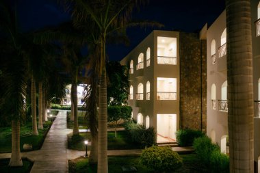 Arap tarzı. Geceleri Mısır Oteli 'nin avlusunun manzarası. Geceleri binanın arka planında yeşil palmiye yaprakları