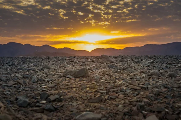 Zonsondergang Achter Bergen Woestijn Egypte Rotsachtig Plateau Voorgrond Rotsachtige Bergen — Stockfoto