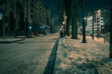Ukrayna. KYIV - 27.01.2022. Ukrayna, Kiev 'de gece Khreshhatyk Caddesi' nde. Yerel olarak en ünlü ve Avrupa 'nın en pahalı 20 alışveriş caddesinde yer almaktadır.