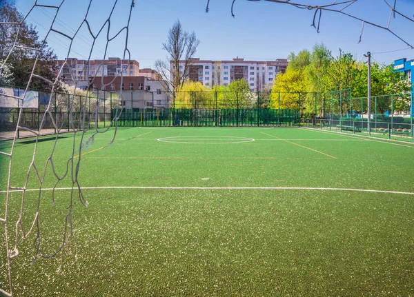 Soccer Field Artificial Green Grass School Amateur Football Field Sunny — Stock Photo, Image