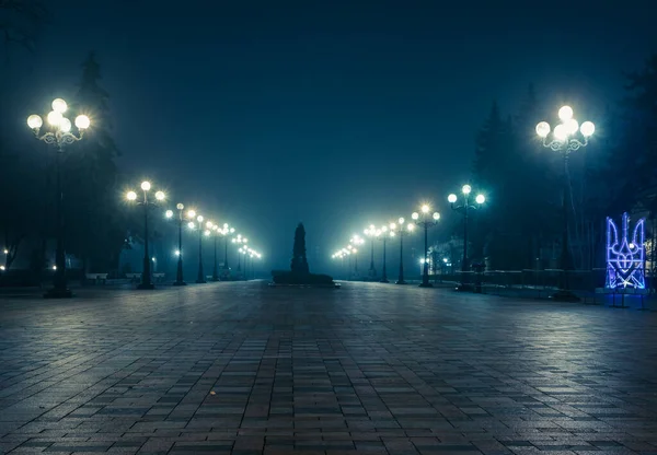 Κύριο Δρομάκι Ενός Νυχτερινού Φθινοπωρινού Πάρκου Μέσα Μια Ελαφριά Ομίχλη — Φωτογραφία Αρχείου