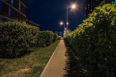 Night park paths and colored houses at summer night. Night paths, benches and lanterns in a beautiful residential complex. Night summer park with lanterns and benches. Kyiv. Ukraine