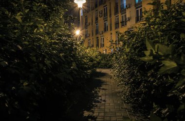 Night park paths and colored houses at summer night. Night paths, benches and lanterns in a beautiful residential complex. Night summer park with lanterns and benches. Kyiv. Ukraine