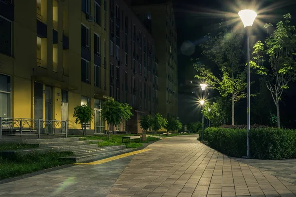 Night Park Paths Colored Houses Summer Night Night Paths Benches — Stock Photo, Image