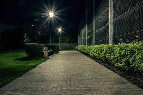 Night Park Paths Colored Houses Summer Night Night Paths Benches — 图库照片