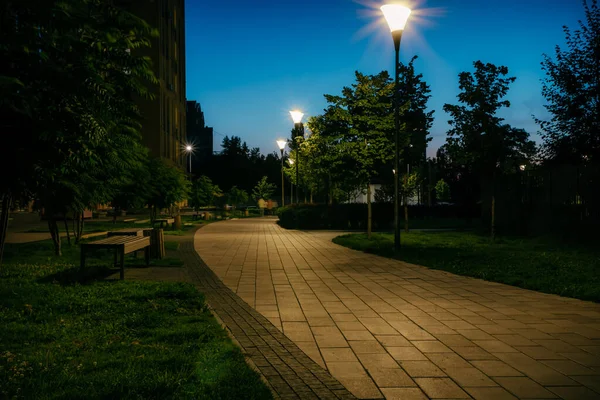 Night Park Paths Colored Houses Summer Night Night Paths Benches —  Fotos de Stock