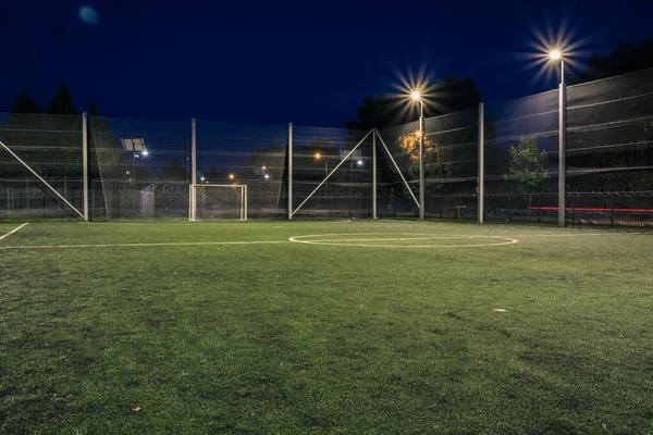 Amateur Soccer Field Illuminated Night Small Football Field Lit Lanterns — Foto Stock