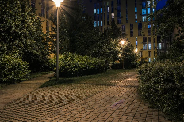 Night Park Paths Colored Houses Summer Night Night Paths Benches — Stock fotografie