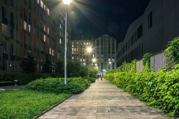 Night Park Paths Colored Houses Summer Night Night Paths Benches — Fotografia de Stock